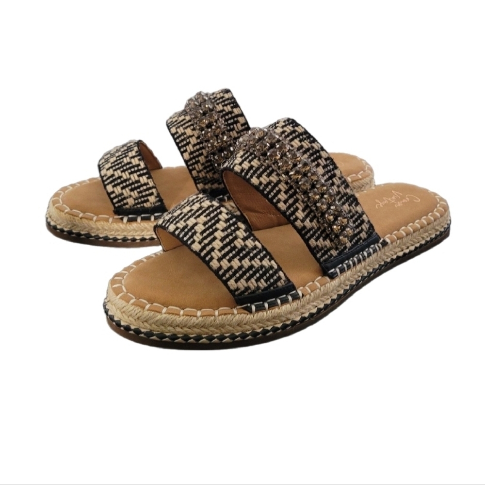 CROWN VINTAGE Size 10 BlackTan Beaded Woven Double-Strap Slide Sandals